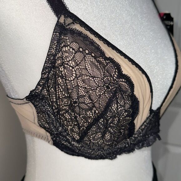 LILY OF FRANCE 36C Black Beige Unlined Lace Mesh Underwire Bra - Picture 5 of 11